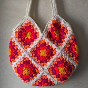 Crochet Granny Square Shoulder Bag Orange, Yellow, Pink, Red Fully Lined